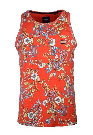 Rød ærmeløs tanktop med blå, hvid og gul blomster- og bladmotiv, med en lille brystlomme med mærkeetiket.