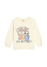 Sweat-shirt clair avec des manches longues. Présente trois filles de dessin animé en chemises colorées, avec le texte "Amies pour Toujours" et "Petites Filles Jolies".