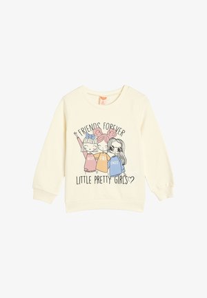 Hellbeige Sweatshirt mit langen Ärmeln. Mit drei Cartoon-Mädchen in bunten T-Shirts, dem Text "Freunde für immer" und "Kleine hübsche Mädchen."