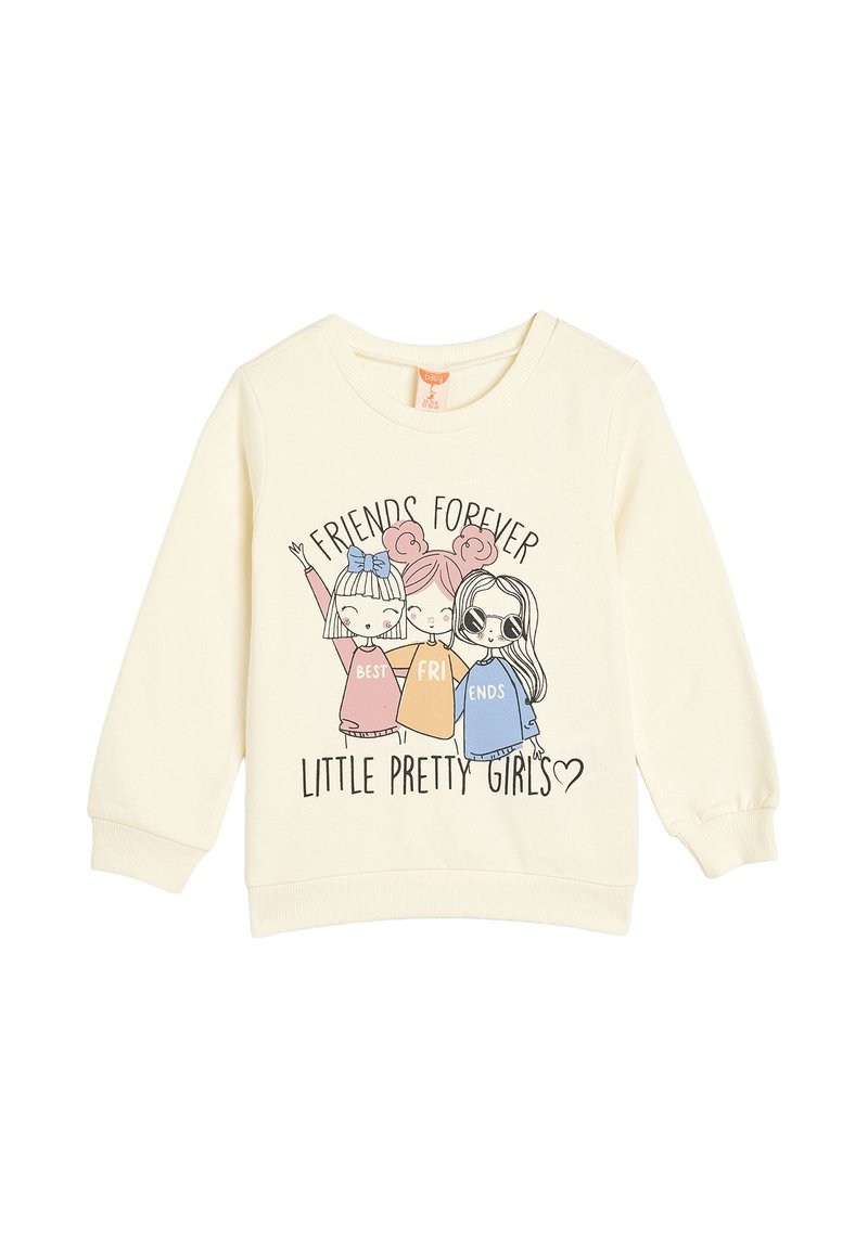 Sweat-shirt clair avec des manches longues. Présente trois filles de dessin animé en chemises colorées, avec le texte "Amies pour Toujours" et "Petites Filles Jolies".