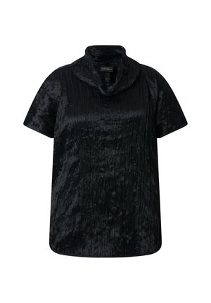 Sort kortærmet bluse med krøllet tekstur og en draperet halsudskæring med halstørklæde-look.