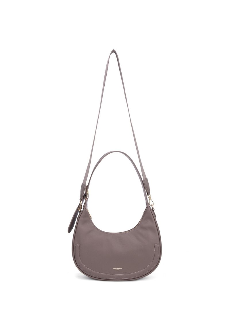 Gray leather shoulder bag with a curved shape, adjustable strap, and gold hardware accents. Textured surface with a minimalist design.