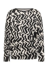 Sort og hvid langærmet skjorte med et abstrakt zigzagmønster på et blødt stof, med rund halsudskæring og afslappet pasform.