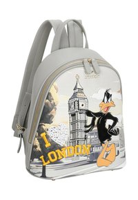 Zaino in ecopelle grigia con Daffy Duck, una torre dell'orologio di Londra e la scritta "I ❤ London" in giallo con accenti di strass.