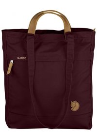 Sac fourre-tout en tissu marron avec des poignées et des accents en cuir beige, présentant un logo G-1000 et un emblème circulaire avec un motif de renard.