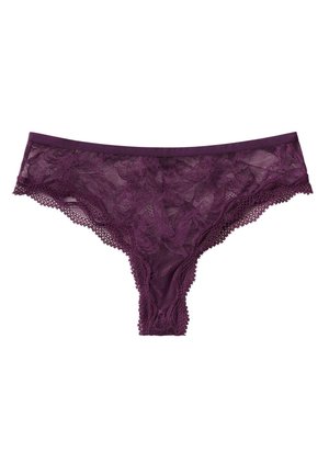 Lilla blonde damebikini med blomsterprint og bølgede kanter på hvid baggrund.