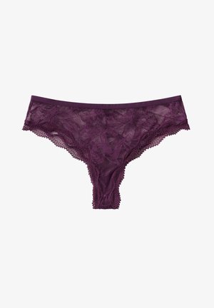 Lilla blonde damebikini med blomsterprint og bølgede kanter på hvid baggrund.