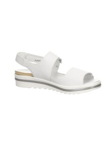 White leather sandal with a slingback strap, open toe, textured finish, and a ridged, cushioned sole featuring a subtle gray accent.