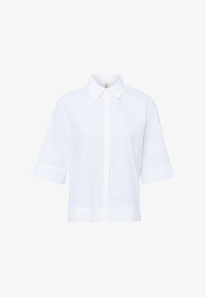 Witte korte mouwen blouse met een puntige kraag en verborgen knopen aan de voorkant, weergegeven op een effen witte achtergrond.