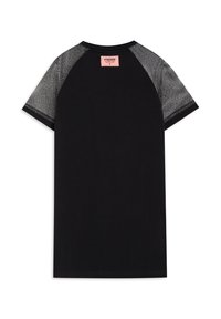 Camiseta negra de manga corta, con detalles de malla en los hombros. Etiqueta trasera con la inscripción "FREDDY" en rosa. Material de mezcla de algodón suave.