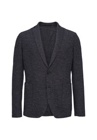 Dunkelgrauer Blazer aus strukturiertem Stoff, mit einem Knopfverschluss, Revers und zwei Fronttaschen.
