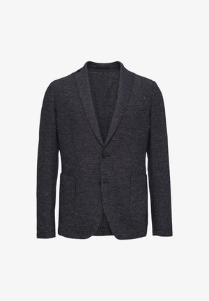 Dark grey blazer made of textured fabric, featuring a single button closure, notched lapels, and two front pockets.