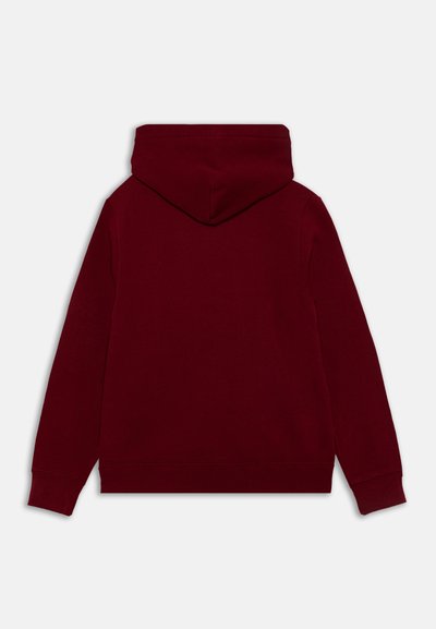 Sudadera burdeos con capucha ajustable, mangas largas y puños acanalados. Tejido suave de mezcla de algodón con una textura lisa.