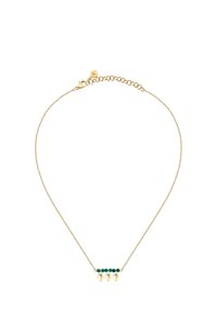 Collana in oro con tre piccoli charm a forma di cuore in oro e quattro perline verdi. La catena è dotata di un gancio e ha una lunghezza regolabile.