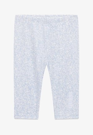 Šviesiai mėlynos leginsai su gėlių raštu, turintys elastingą liemenėlę ir baltu "GUESS" logotipu apatinėje pusėje. Medvilnės ir sintetikos mišinys.