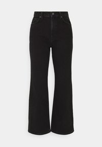 Schwarze, hoch taillierte Jeans aus Denim mit weitem Bein. Verfügt über ein klassisches Fünf-Taschen-Design und eine Metallknopfverschlus. Glatte Textur, keine sichtbaren Muster.