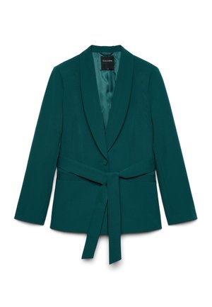 Blazer femme vert foncé à manches longues, col châle, un bouton, et ceinture assortie en tissu nouée à la taille.