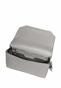 Gray leather handbag with a structured shape, featuring a zipper compartment and a magnetic closure. Smooth texture with subtle stitching.