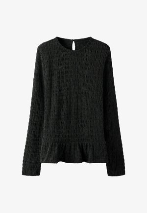 Haut noir à manches longues avec un motif en maille texturée, doté d'un ourlet cache-cœur et d'un détail d'encolure dos avec une fente en forme de goutte.