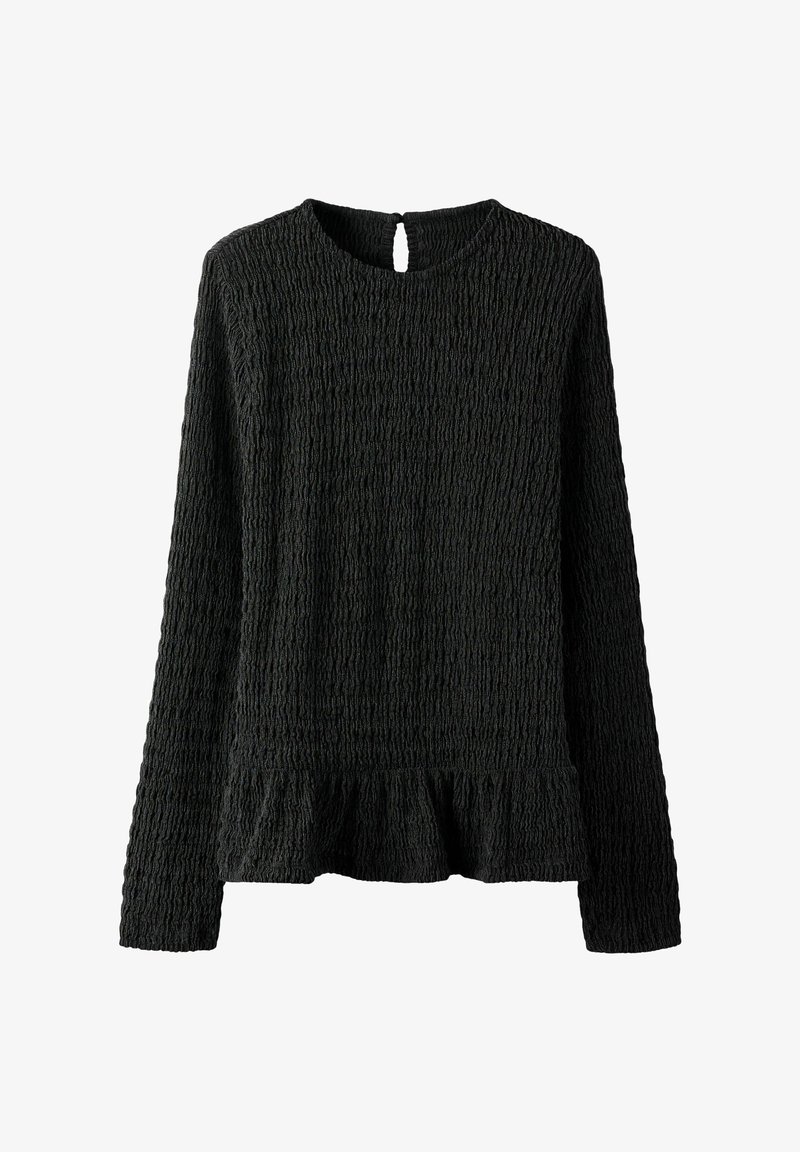 Haut noir à manches longues avec un motif en maille texturée, doté d'un ourlet cache-cœur et d'un détail d'encolure dos avec une fente en forme de goutte.