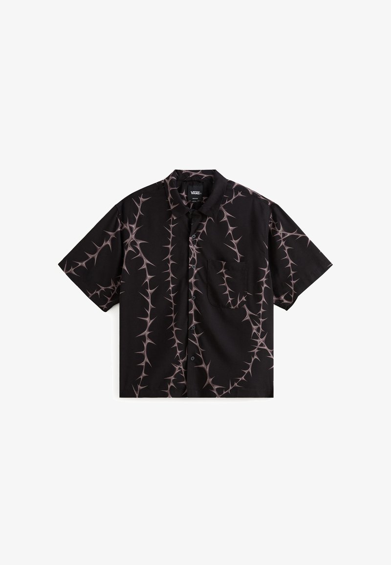 Schwarzes Kurzarmhemd mit pinkem Dornmuster, Knopfverschluss vorne, einziger Brusttasche und glatter Stoffstruktur.