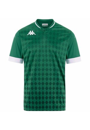 Maglia sportiva verde con motivo a diamante, maniche corte, accenti bianchi sui polsini e colletto. Realizzata in materiale leggero e traspirante.