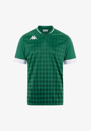 Maillot de sport vert avec motif en diamant, à manches courtes, accents blancs sur les poignets et le col. Fabriqué en matériau léger et respirant.