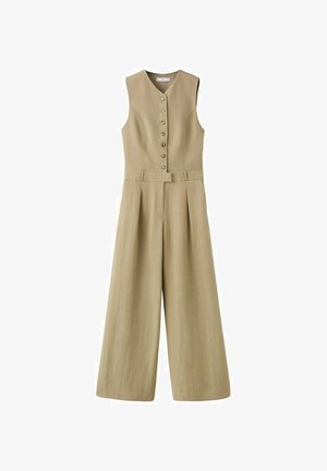 Sleeveless beige jumpsuit with button-down front, V-neck, belted waist, and wide-leg pants, made of textured fabric.