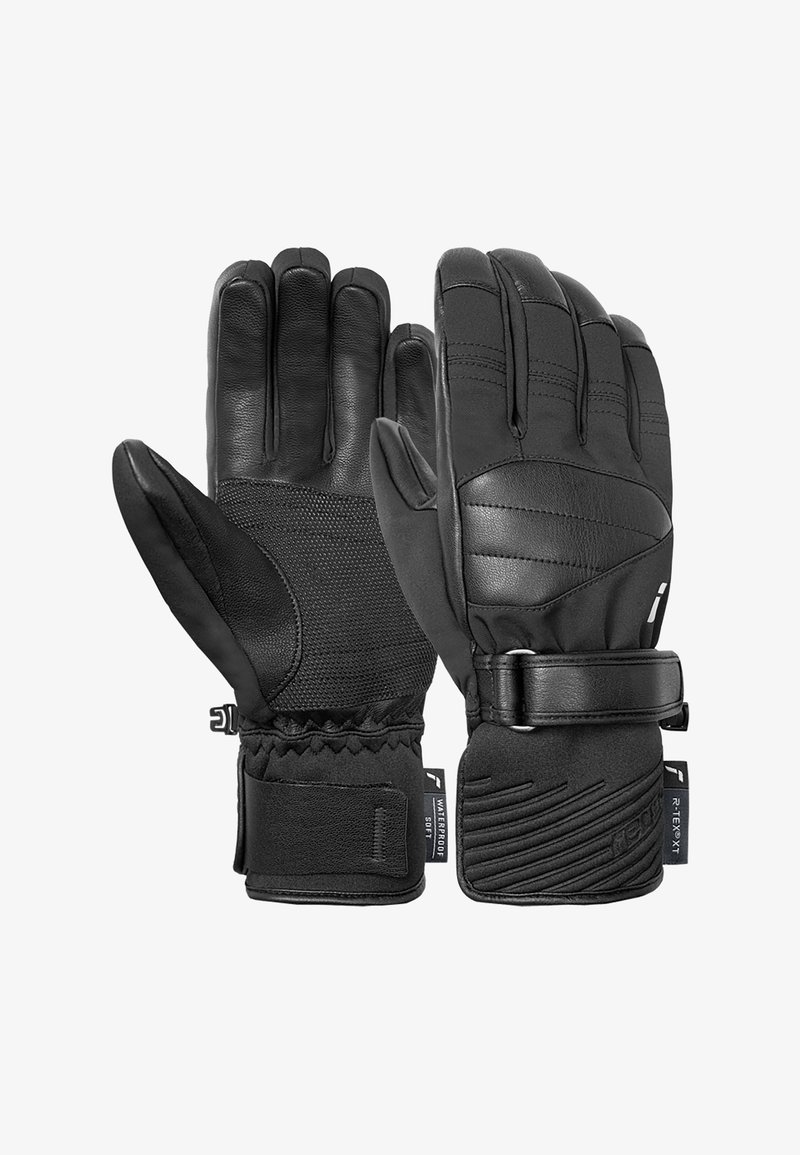 Schwarze Handschuhe mit Vorderseite aus Leder, strukturiertem Stoffrücken und verstellbarem Handgelenkriemen. Enthält wasserdichte und isolierte Designdetails.