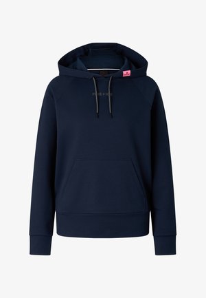 Donkerblauwe hoodie met voorvak, verstelbare trekkoordkap en subtiel "FIRE + ICE" logo op de borst.