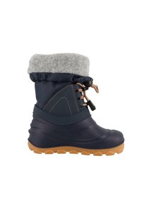 Granatowe wodoodporne buty z szarym otokiem z polaru, brązowymi sznurowadłami, gumową podeszwą i fakturowaną cholewką; posiadają wyściółkę wokół kostki dla ciepła.