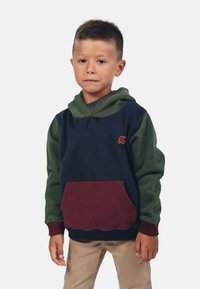 Sweat à capuche avec des manches bleu marine et vert, une poche bordeaux et un logo d'éléphant brodé sur la poitrine. Tissu doux et texturé.