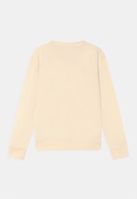 Světle béžová mikina s dlouhými rukávy, kulatým výstřihem a žebrovanými manžetami. Hladká textura a minimalistický design. Žádné vzory ani loga nejsou viditelné.