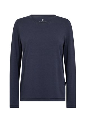 Mørkeblåt langærmet t-shirt lavet af blødt stof, med rund halsudskæring og syet kant, samt et lille logo ved kraven.