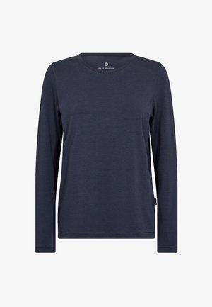 Mørkeblåt langærmet t-shirt lavet af blødt stof, med rund halsudskæring og syet kant, samt et lille logo ved kraven.