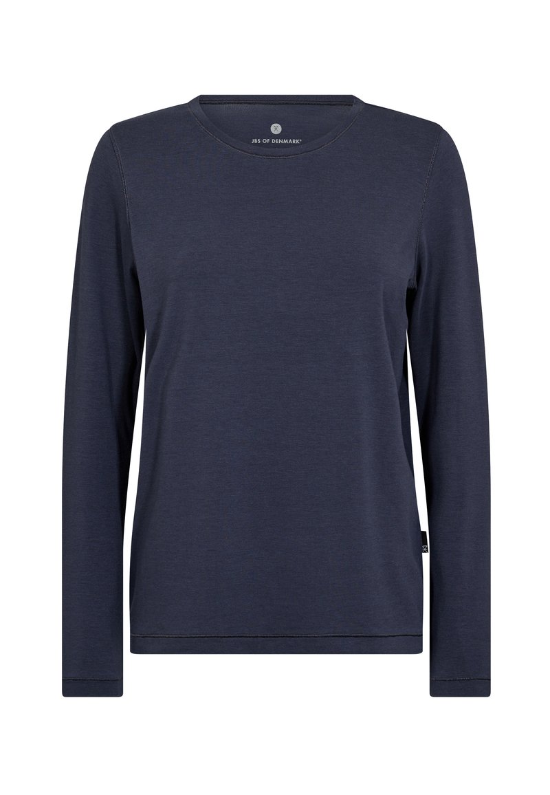 Navyblaue Langarm-T-Shirt aus weichem Material, mit rundem Ausschnitt und genähtem Saum, und einem kleinen Logo am Kragen.