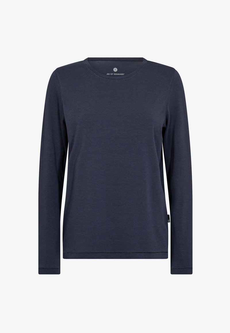 Navyblaue Langarm-T-Shirt aus weichem Material, mit rundem Ausschnitt und genähtem Saum, und einem kleinen Logo am Kragen.