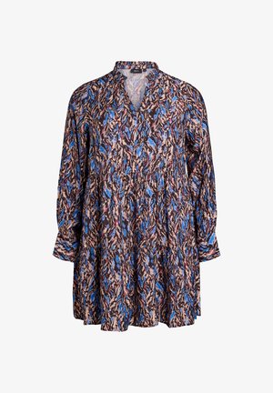 Robe à manches longues et décolleté en V, avec un motif abstrait multicolore présentant des nuances de bleu, de rose et de beige sur un fond sombre. Tissu en coton.