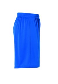 Shorts de sport bleus, fabriqués en tissu lisse, avec une taille élastique et une coupe droite, sans motifs ni accents visibles.
