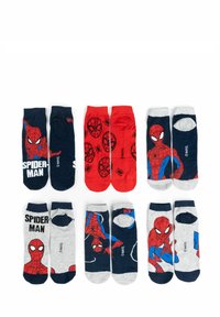 Four pairs of children's socks featuring Spider-Man designs in navy, red, and gray. Includes graphic prints, spider motifs, and logo text.