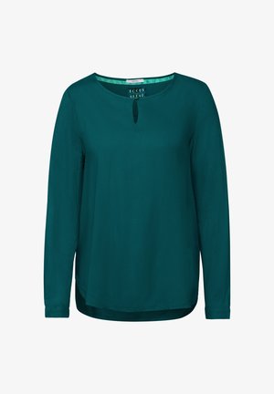 Teal blouse met lange mouwen, een ronde halslijn en een sleutelgatdetail aan de voorkant, met een gestructureerd patroon en een gebogen zoom.