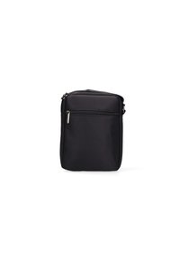 Borsa a tracolla nera in nylon con forma rettangolare, tasca frontale con zip singola e strap regolabile per praticità.