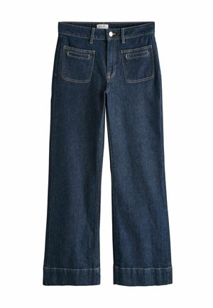 Dunkelblaue Jeans mit weitem Bein, vorderen Pattentaschen, Gürtelschlaufen, Knopfverschluss und umgeschlagenen Säumen.