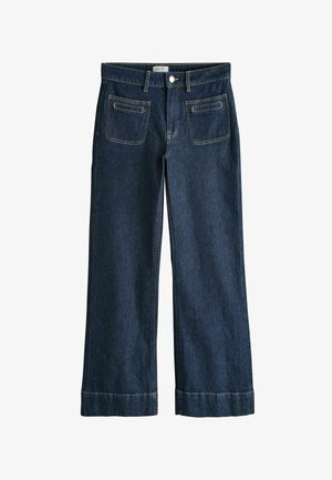 Dunkelblaue Jeans mit weitem Bein, vorderen Pattentaschen, Gürtelschlaufen, Knopfverschluss und umgeschlagenen Säumen.