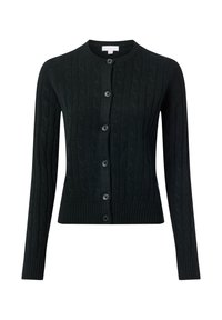 Czarny sweter dzianinowy z guzikami z przodu, prążkowanym dołem i długimi rękawami z wzorem w warkocze na całej tkaninie.