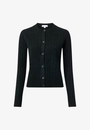 Czarny sweter dzianinowy z guzikami z przodu, prążkowanym dołem i długimi rękawami z wzorem w warkocze na całej tkaninie.