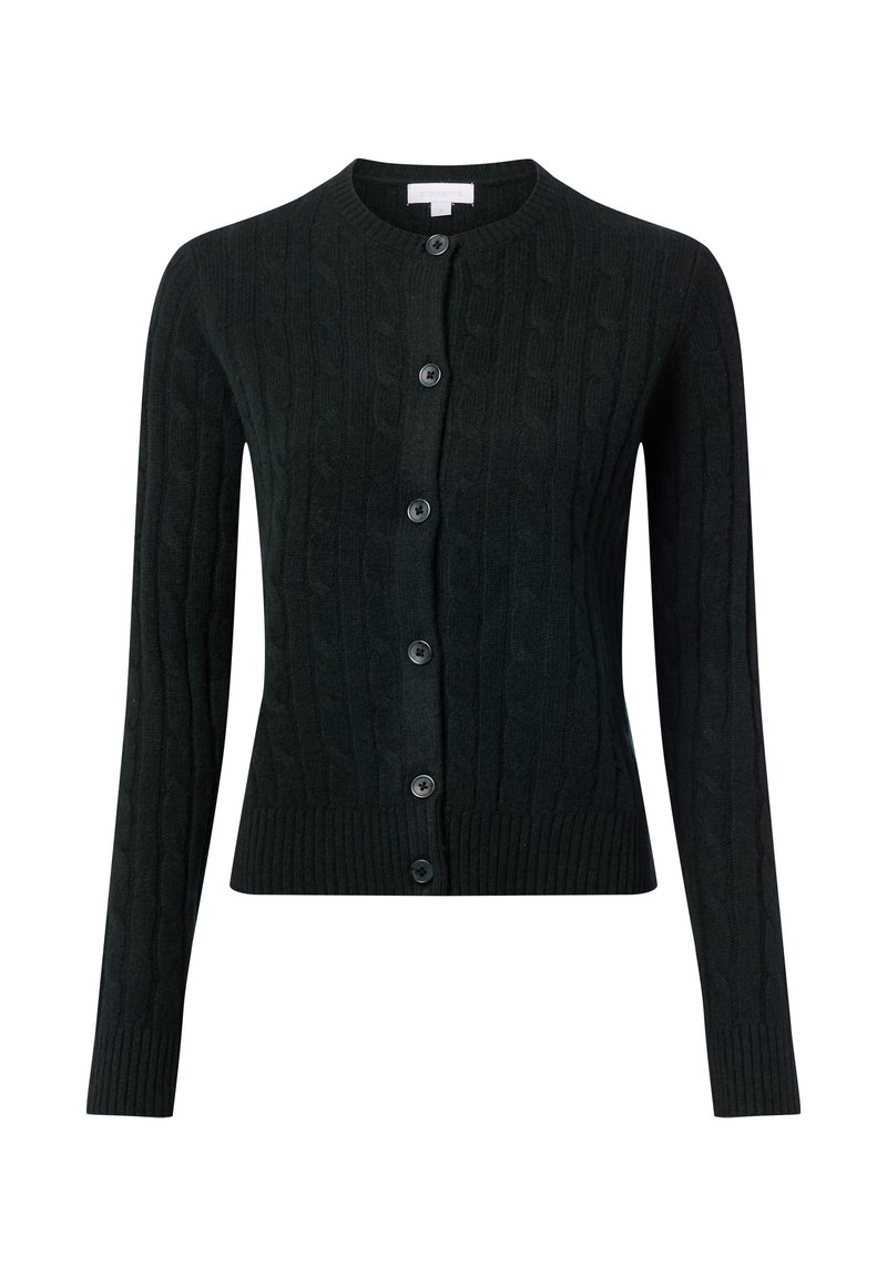 Czarny sweter dzianinowy z guzikami z przodu, prążkowanym dołem i długimi rękawami z wzorem w warkocze na całej tkaninie.