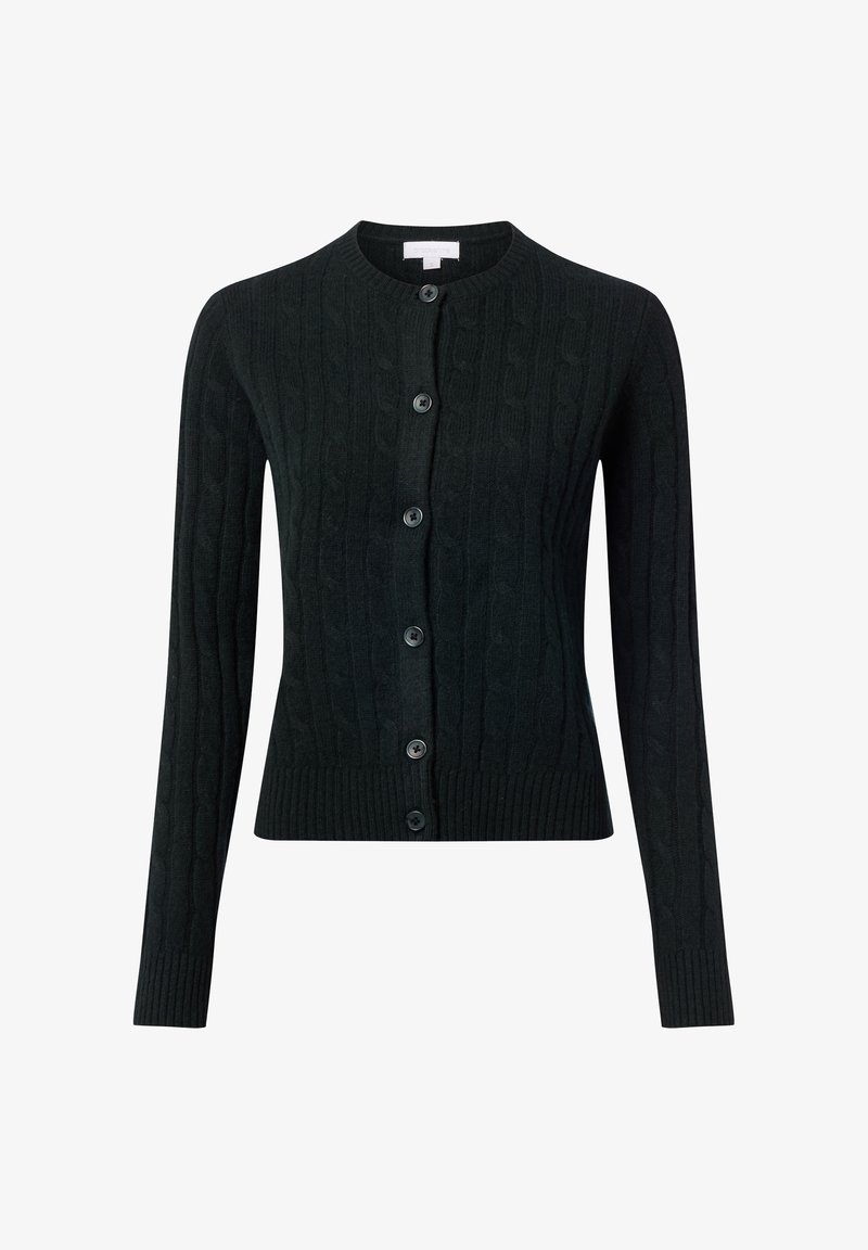 Czarny sweter dzianinowy z guzikami z przodu, prążkowanym dołem i długimi rękawami z wzorem w warkocze na całej tkaninie.