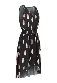Czarna sukienka bez rękawów z dekoltem w kształcie litery V i elastyczną talią, ozdobiona wzorem różowo-białych piór na zwiewnej tkaninie.