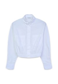 Weißes, kurz geschnittenes Hemd mit Knopfleiste, Kragen, zwei vorderen Taschen und elastischem Saum. Glattes Material mit einfarbigem Muster und ohne Aufdruck.